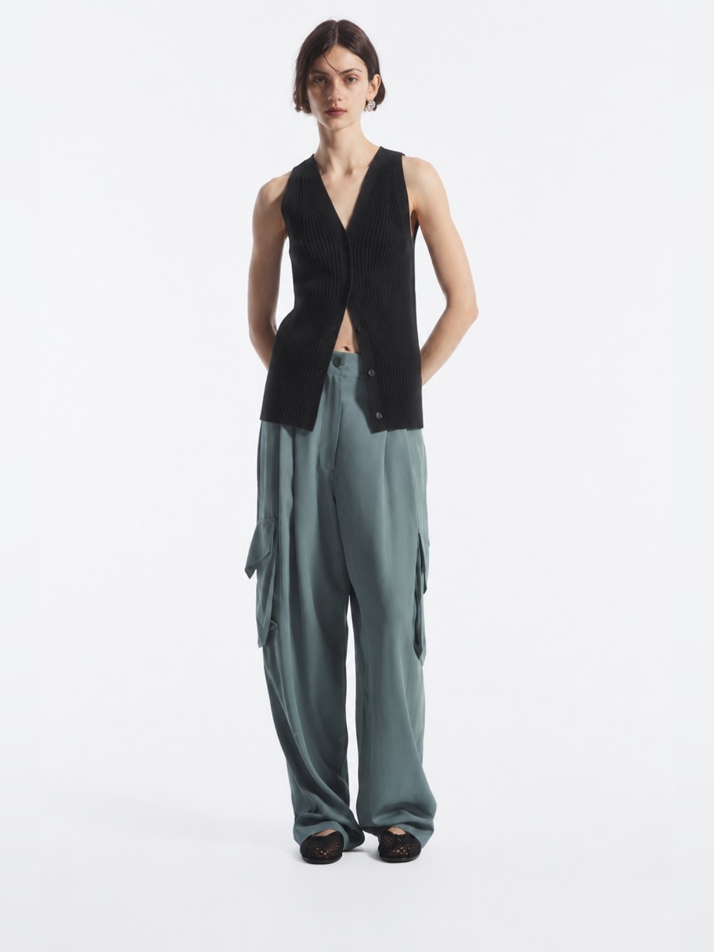 COS Paperbag Utility Trousers Dusty Teal‎ Blue Cargo Wide Leg Size 4